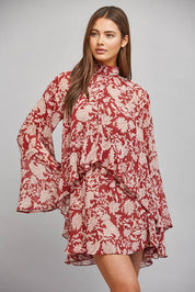 Red Floral Neck Tie Mini Dress