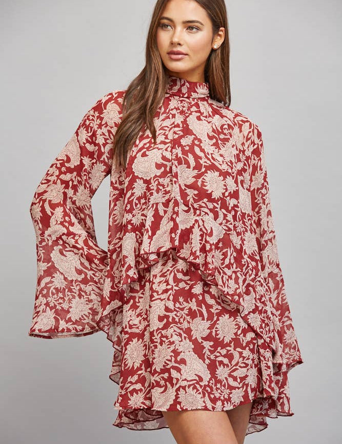 Red Floral Neck Tie Mini Dress at Ninety Nine Boutique, view 2