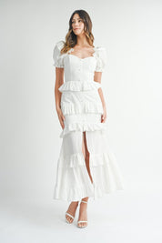 White Button Ruffle Tiered Maxi Dress