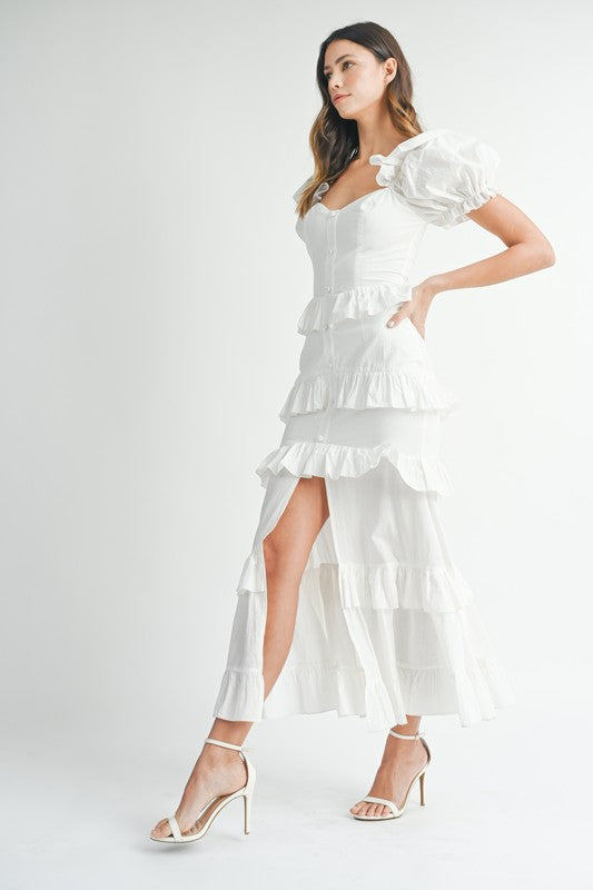 White Button Ruffle Tiered Maxi Dress