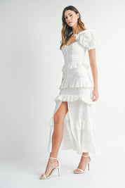 White Button Ruffle Tiered Maxi Dress
