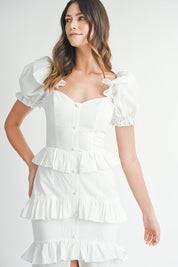 White Button Ruffle Tiered Maxi Dress