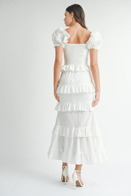 White Button Ruffle Tiered Maxi Dress