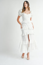 White Button Ruffle Tiered Maxi Dress