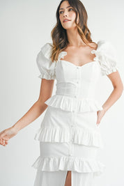 White Button Ruffle Tiered Maxi Dress