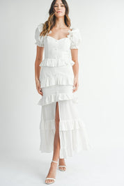 White Button Ruffle Tiered Maxi Dress