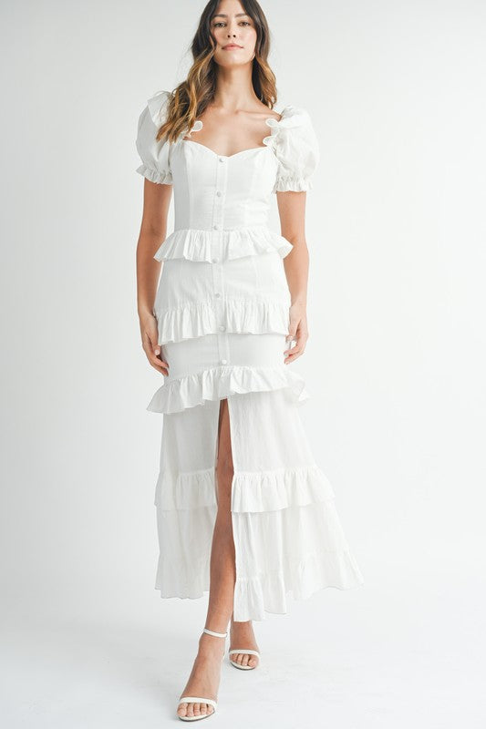 White Button Ruffle Tiered Maxi Dress