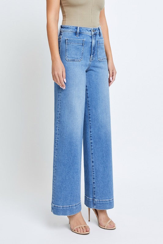 Medium Wash Front Pocket Stretch Wideleg