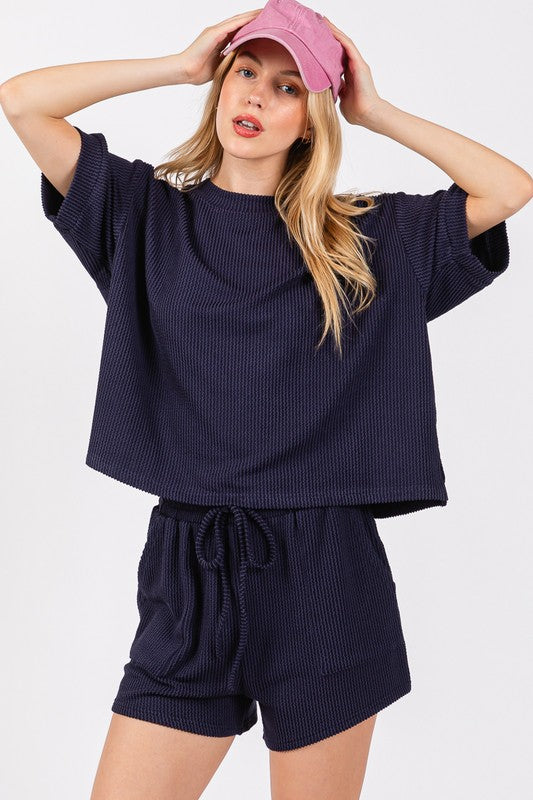 Navy Ribbed Top & Short Set