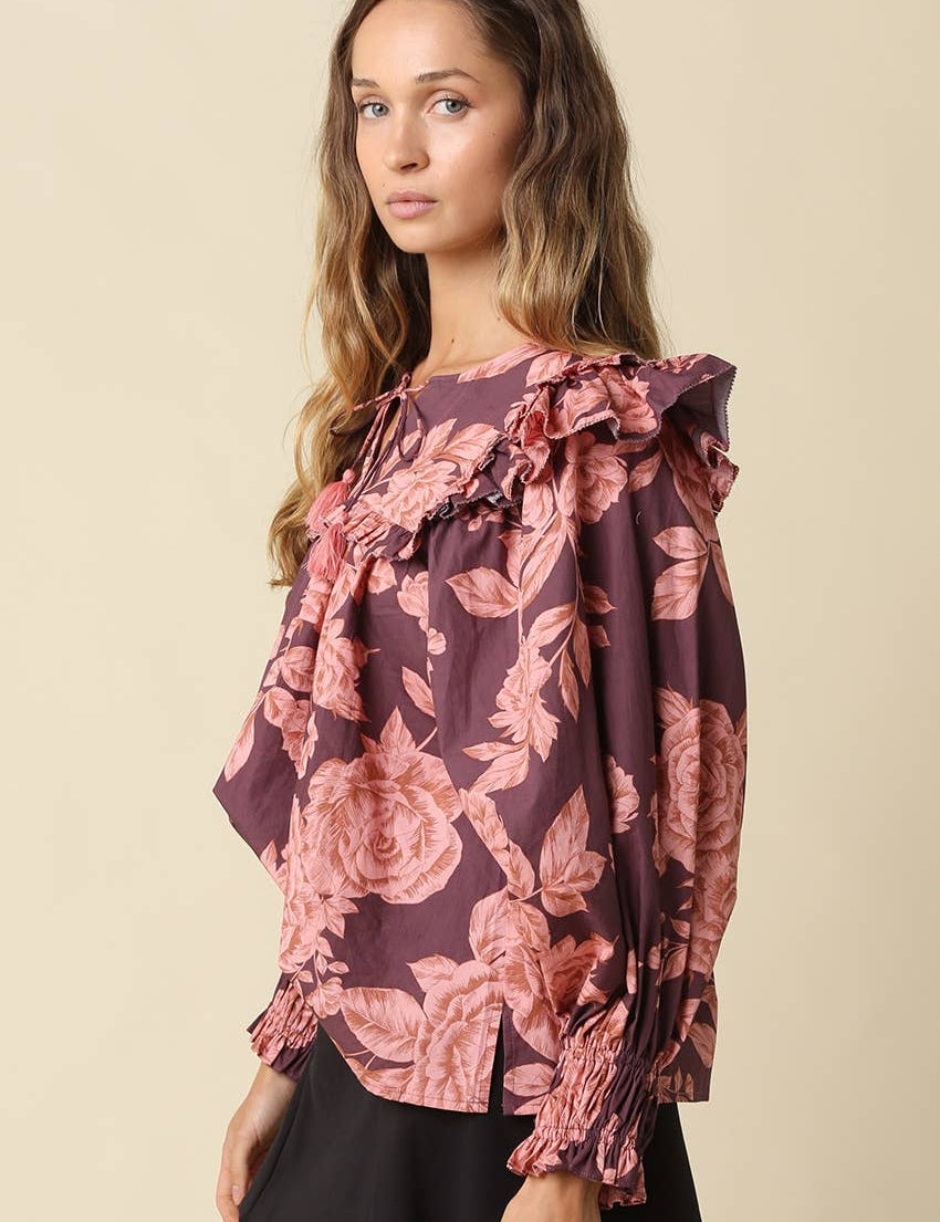 Purple & Pink Floral Print Ruffle Blouse showing floral