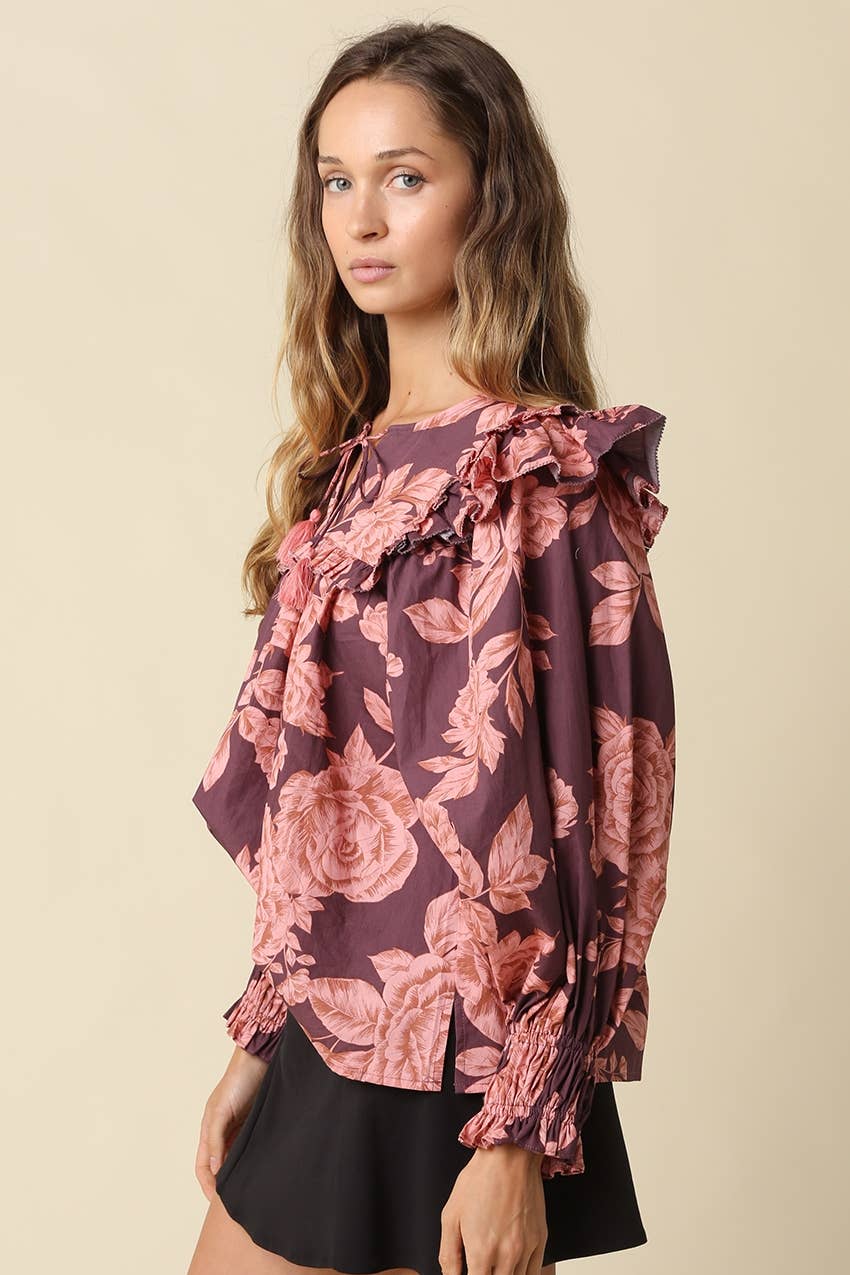 Purple & Pink Floral Print Ruffle Blouse showing floral