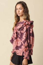 Purple & Pink Floral Print Ruffle Blouse showing floral