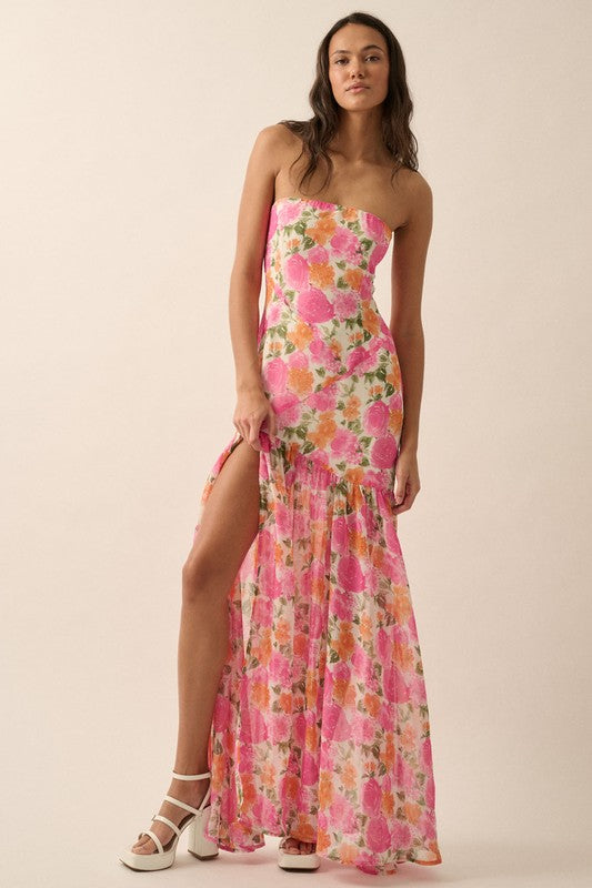 Off White-Pink Strapless Floral Maxi Dress