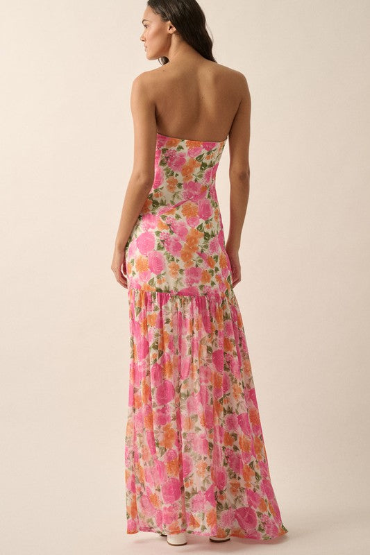 Off White-Pink Strapless Floral Maxi Dress