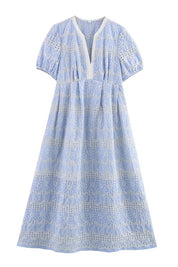 Blue Embroidered Short Sleeve Dress
