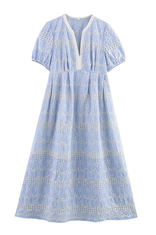 Blue Embroidered Short Sleeve Dress