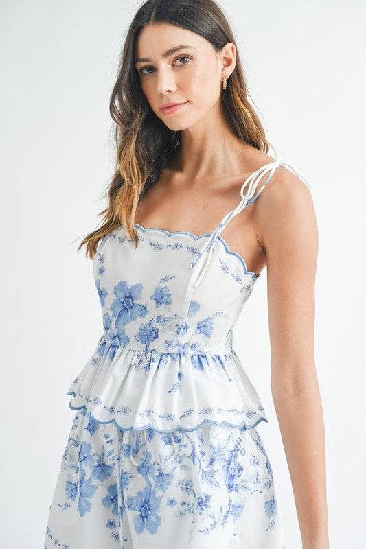 Blue Scalloped Floral Print Set