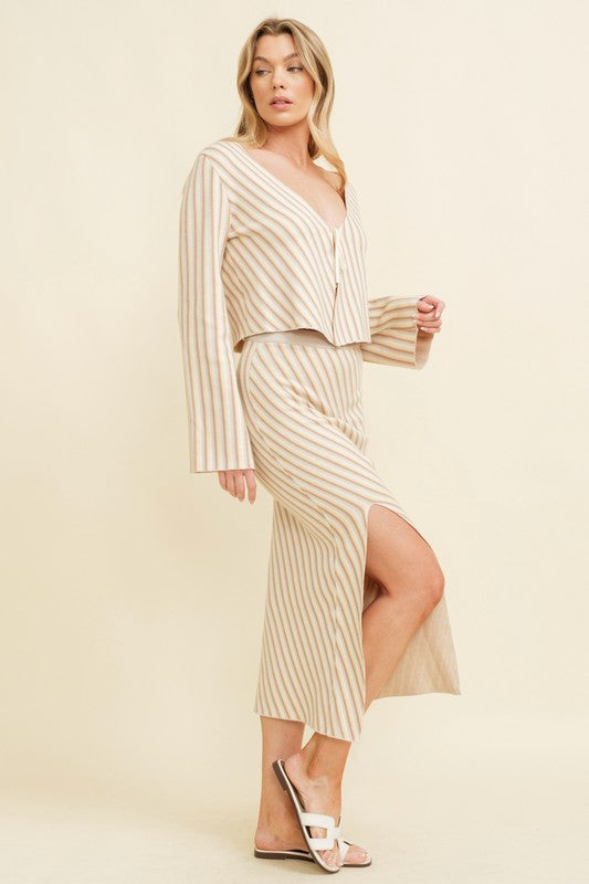 Stripe Side Slit Midi Skirt