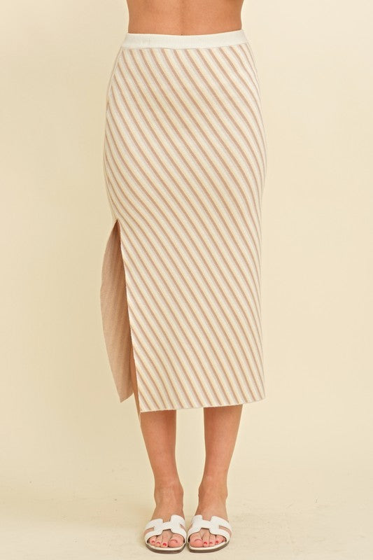 Stripe Side Slit Midi Skirt