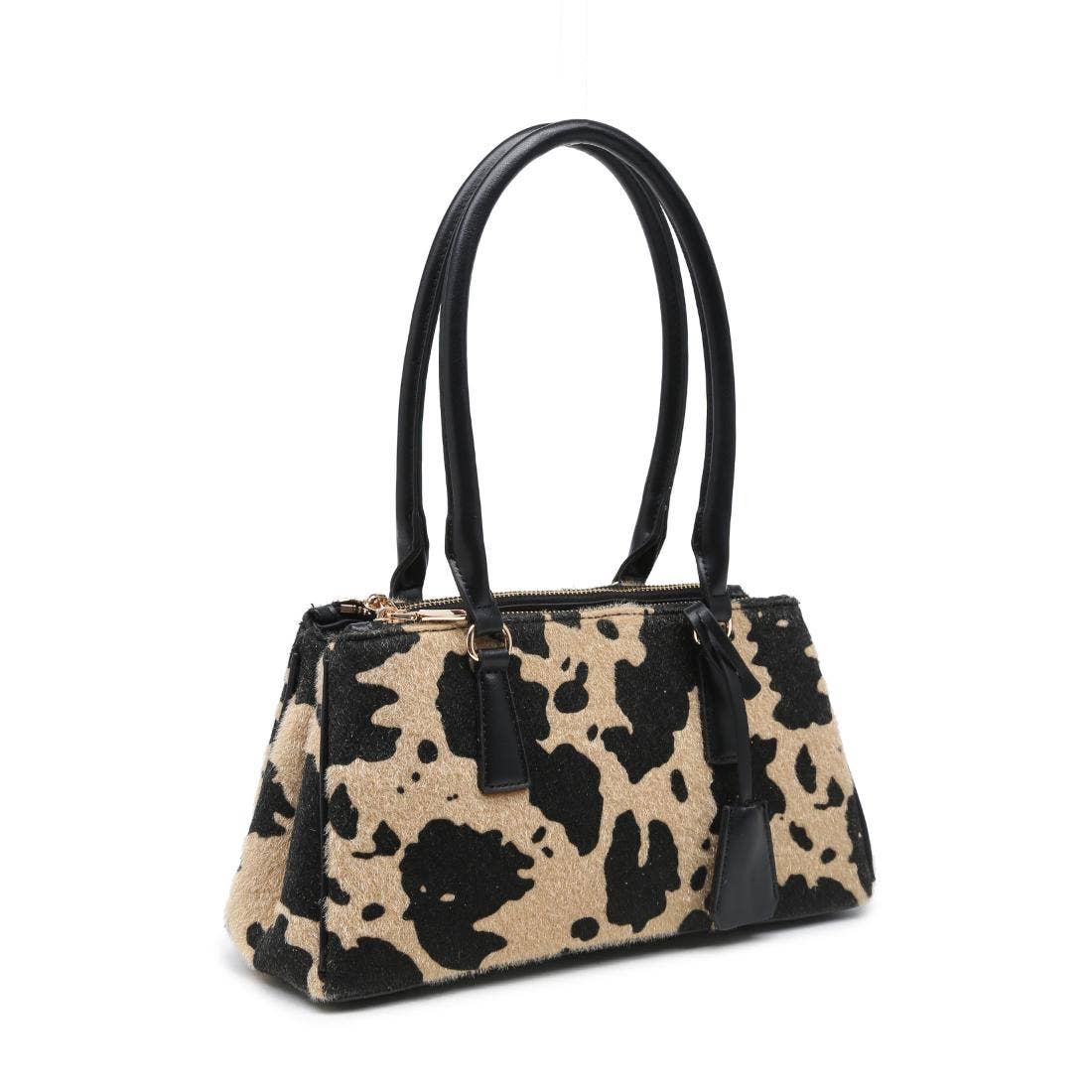 Brown Cow Print Multi Zip Shoulder Bag