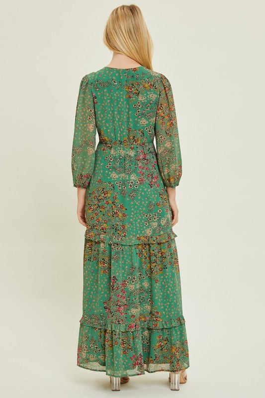 Green Floral Long Sleeve Maxi Dress