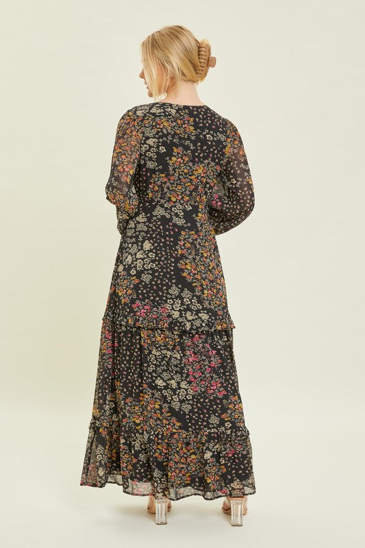 Black Floral Long Sleeve Maxi Dress