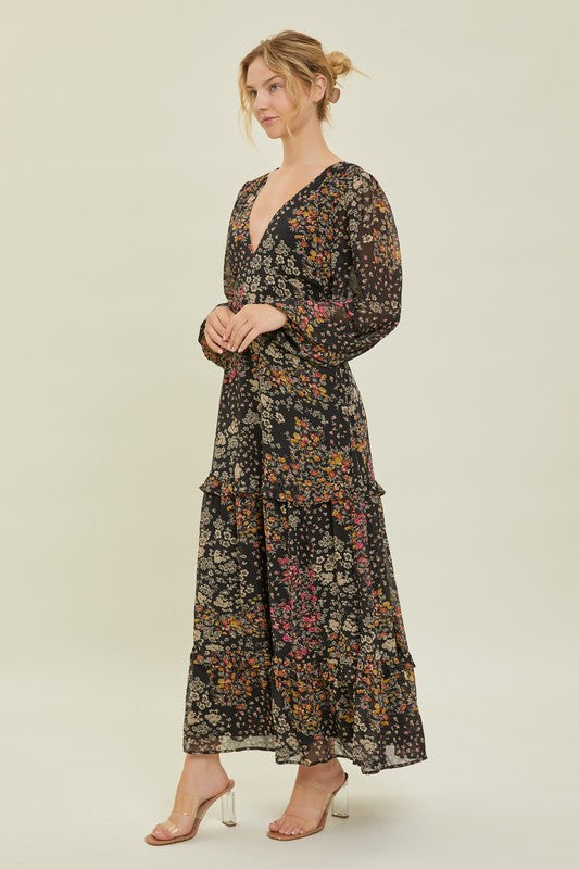 Black Floral Long Sleeve Maxi Dress