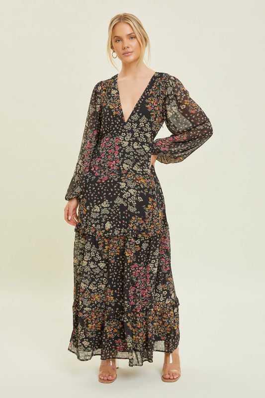 Black Floral Long Sleeve Maxi Dress