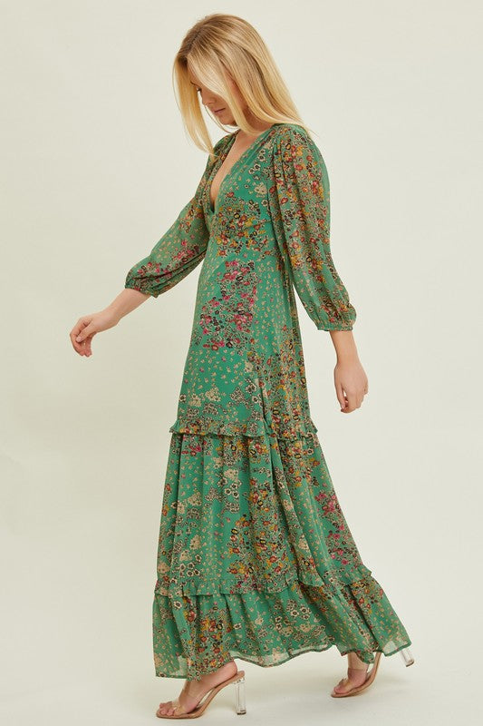 Green Floral Long Sleeve Maxi Dress