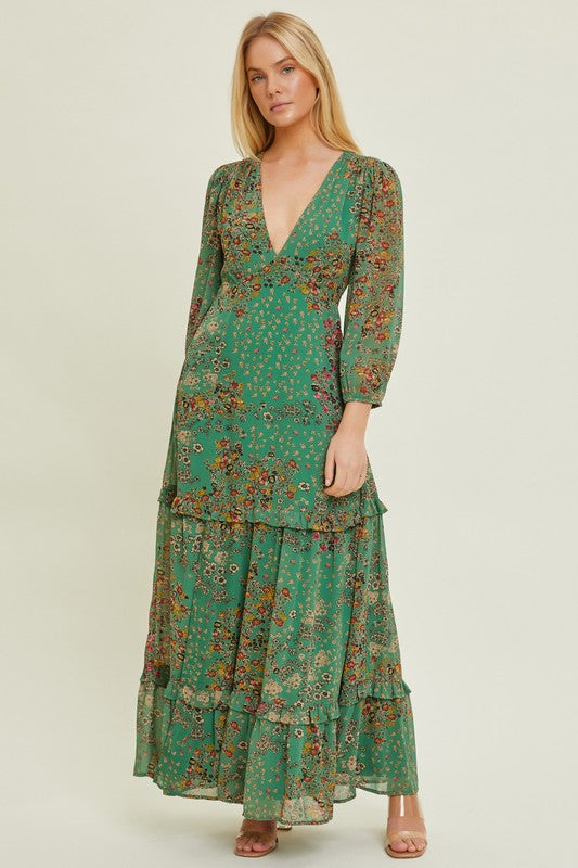 Green Floral Long Sleeve Maxi Dress