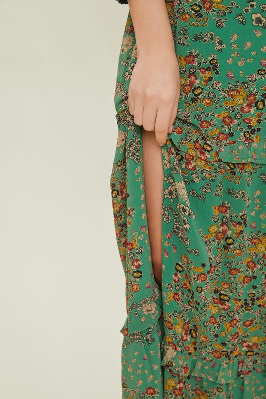 Green Floral Long Sleeve Maxi Dress