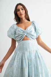 Blue Eyelet Puff Sleeve Maxi Dress