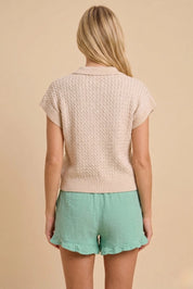 Beige Cable Knit Short Sleeve Sweater
