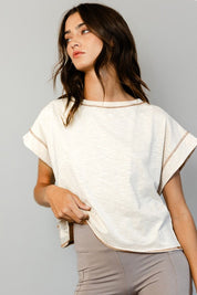 Tan Open Back Stitched Crop Top