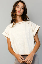Tan Open Back Stitched Crop Top