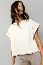 Tan Open Back Stitched Crop Top