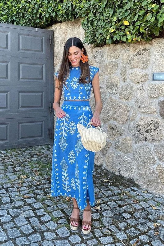 Blue Crop Top & Skirt Set