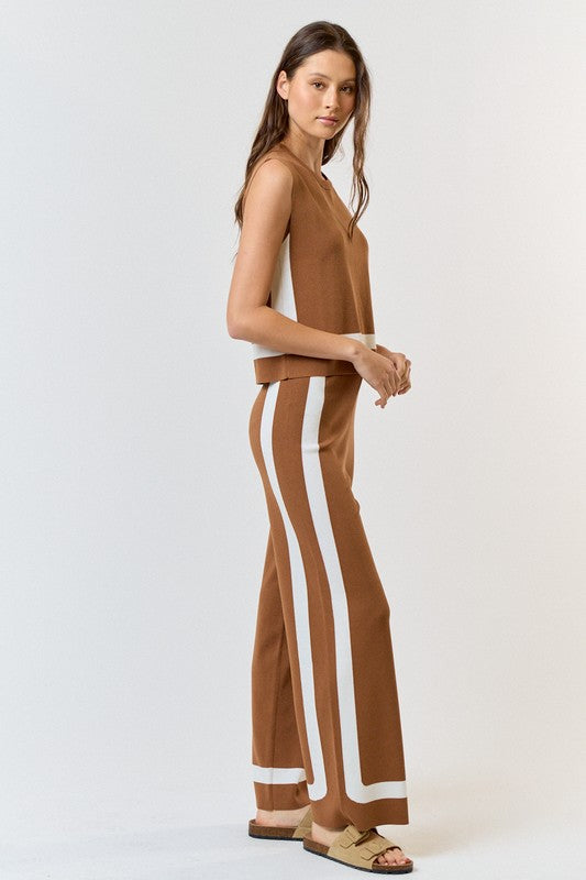 Mocha Contrast Top/Flare Pants Set