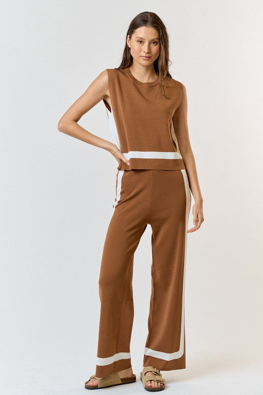 Mocha Contrast Top/Flare Pants Set