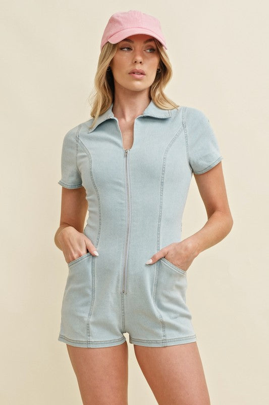 Light Denim Zip Up Romper