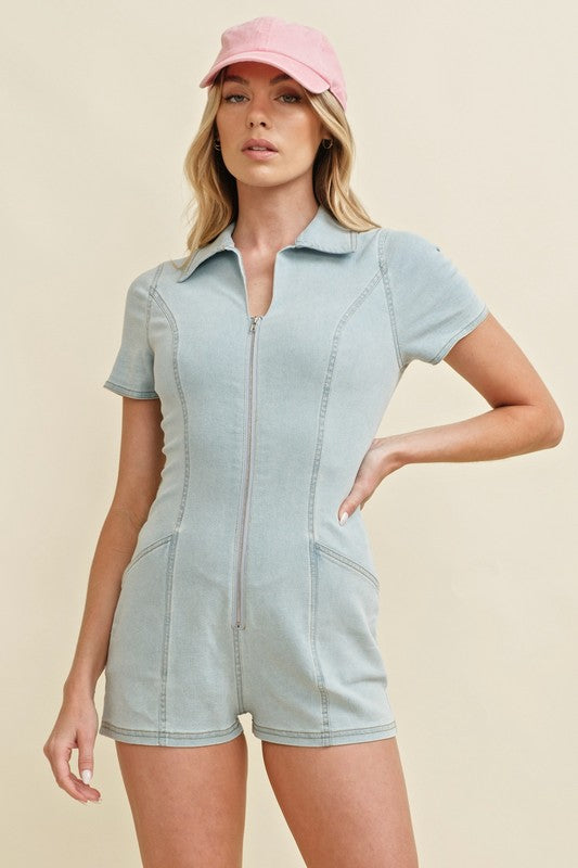 Light Denim Zip Up Romper