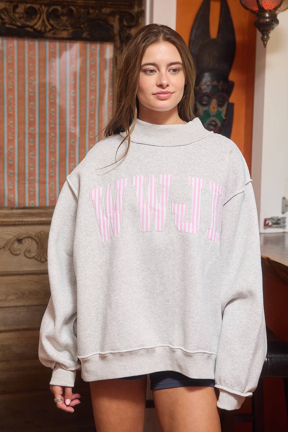 Stripe Embroidered WWJD Mock Neck
