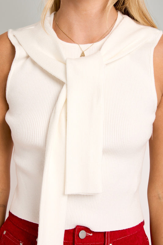 Sleeve Tie Sweater Top - White