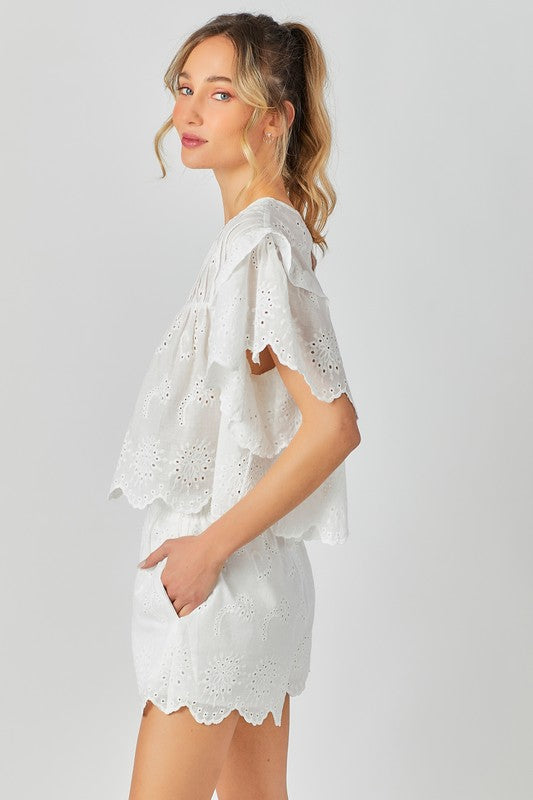 White Ruffled Sleeve Top & Shorts Set