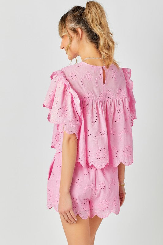 Pink Ruffled Sleeve Top & Shorts Set