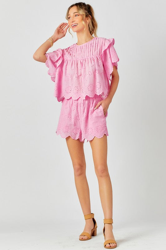 Pink Ruffled Sleeve Top & Shorts Set