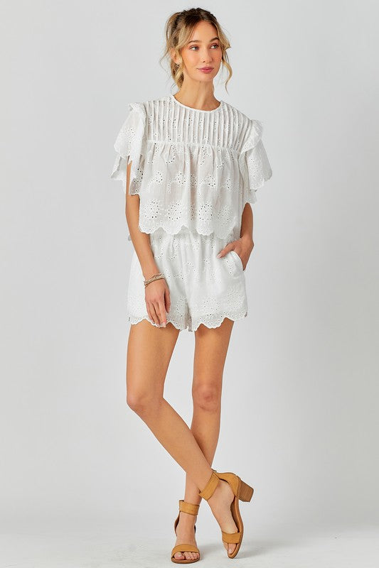 White Ruffled Sleeve Top & Shorts Set