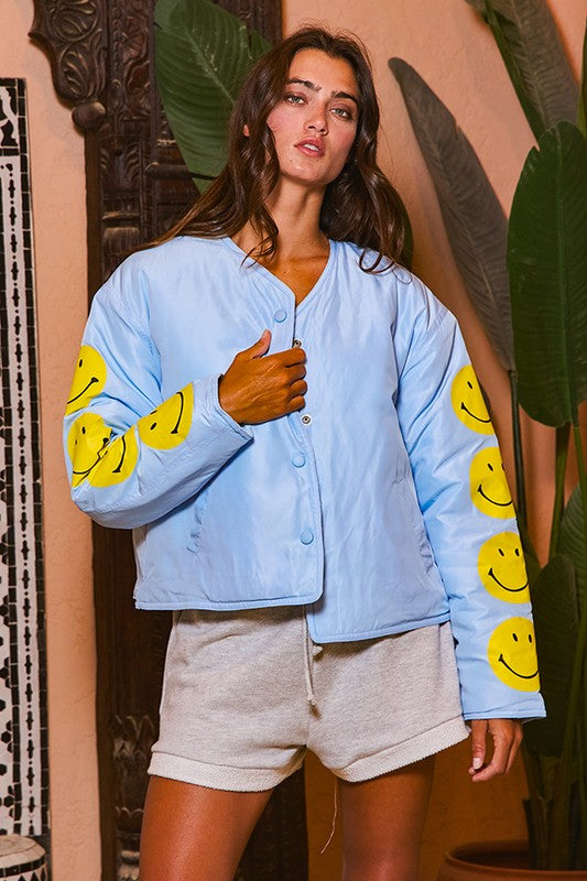 Sky Blue Smiley Sleeve Puffer Jacket