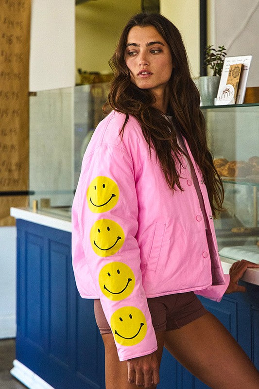 Pink Smiley Sleeve Puffer Jacket