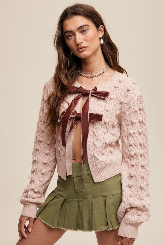 Pink Bow Tie Cable Knit Cardigan